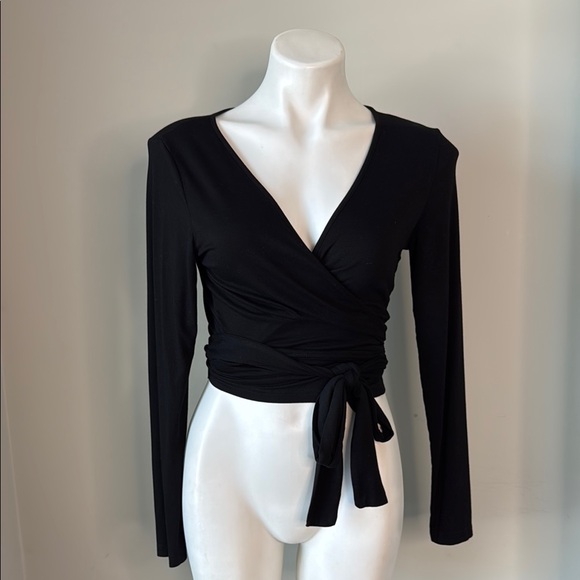 None Tops - Cotton Blend Black Ballet Wrap Top large